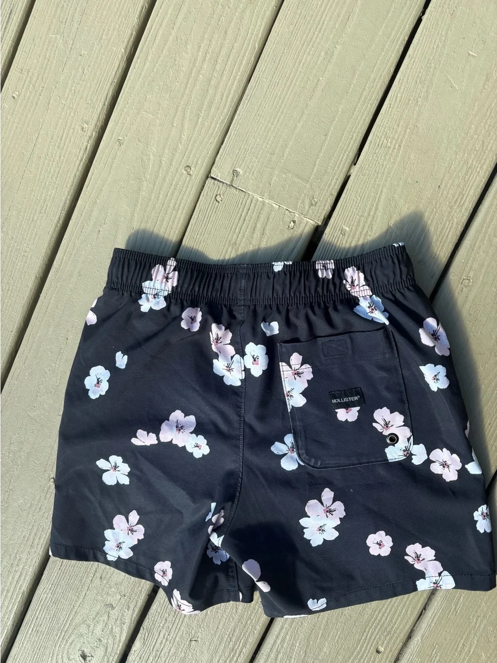 HOLLISTER Floral Black Swim Shorts with Pink & Light Blue Flowers, Size: XS